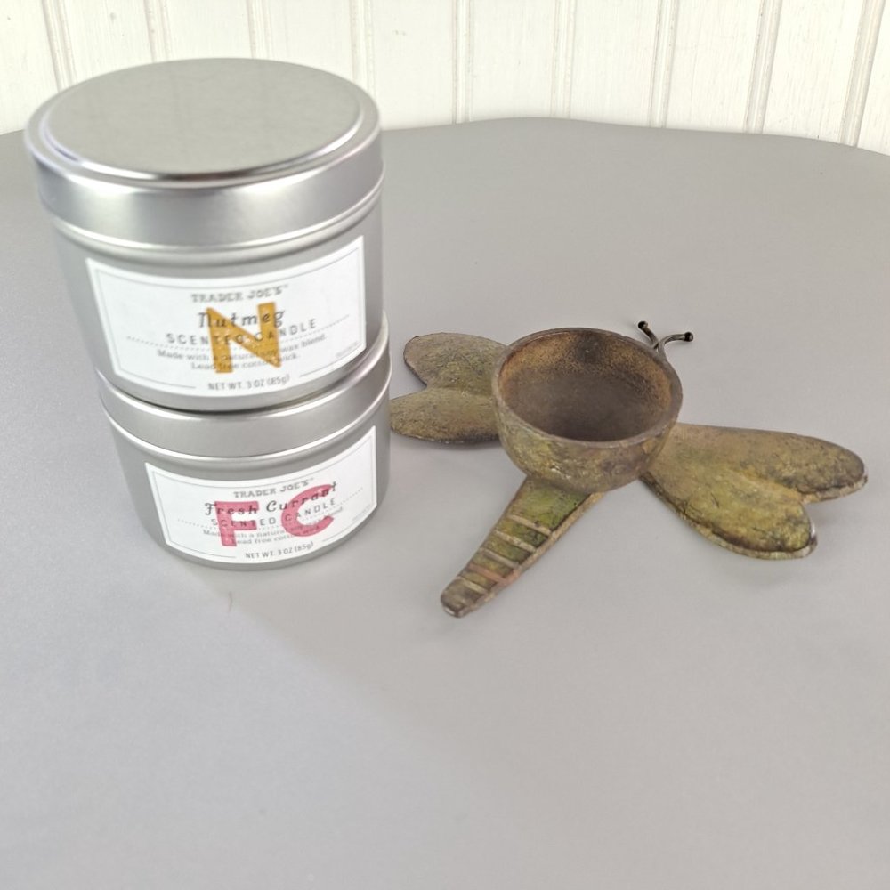Vintage Brass Dragonfly Incense Burner & 2 Trader Joe's Candles